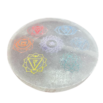 Selenite Charging Plate With Chakra Symbol Design (10cm)